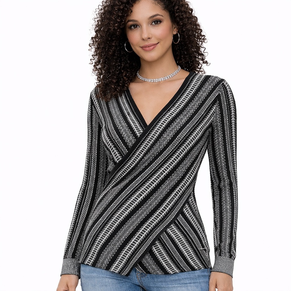 Anthropologie Olive.O NEW Metallic Wrap Top Black Gold Stripe Long Sleeve L